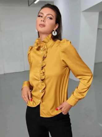 Blouse Dames Goud Hoge Kraag Casual Knopen Cascading Ruches Lange Mouwen Tops