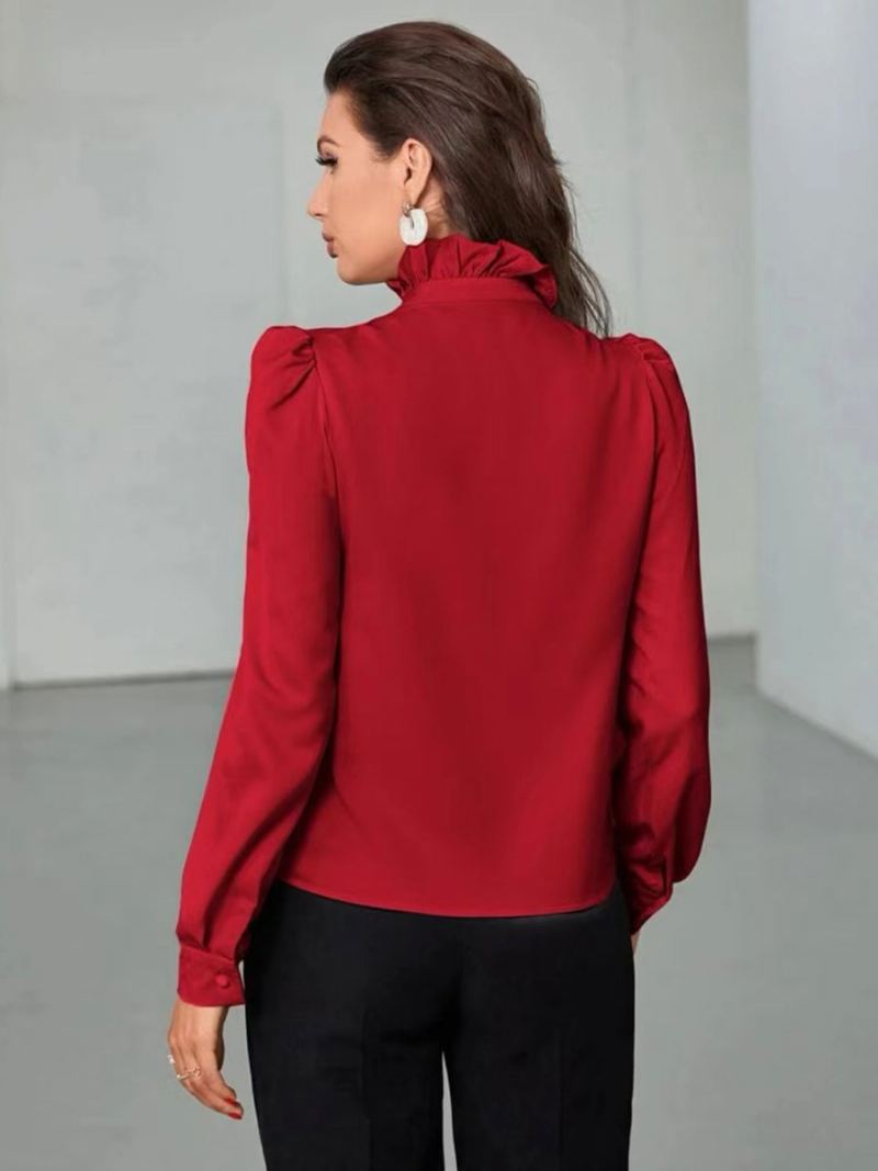 Blouse Dames Goud Hoge Kraag Casual Knopen Cascading Ruches Lange Mouwen Tops - Rood