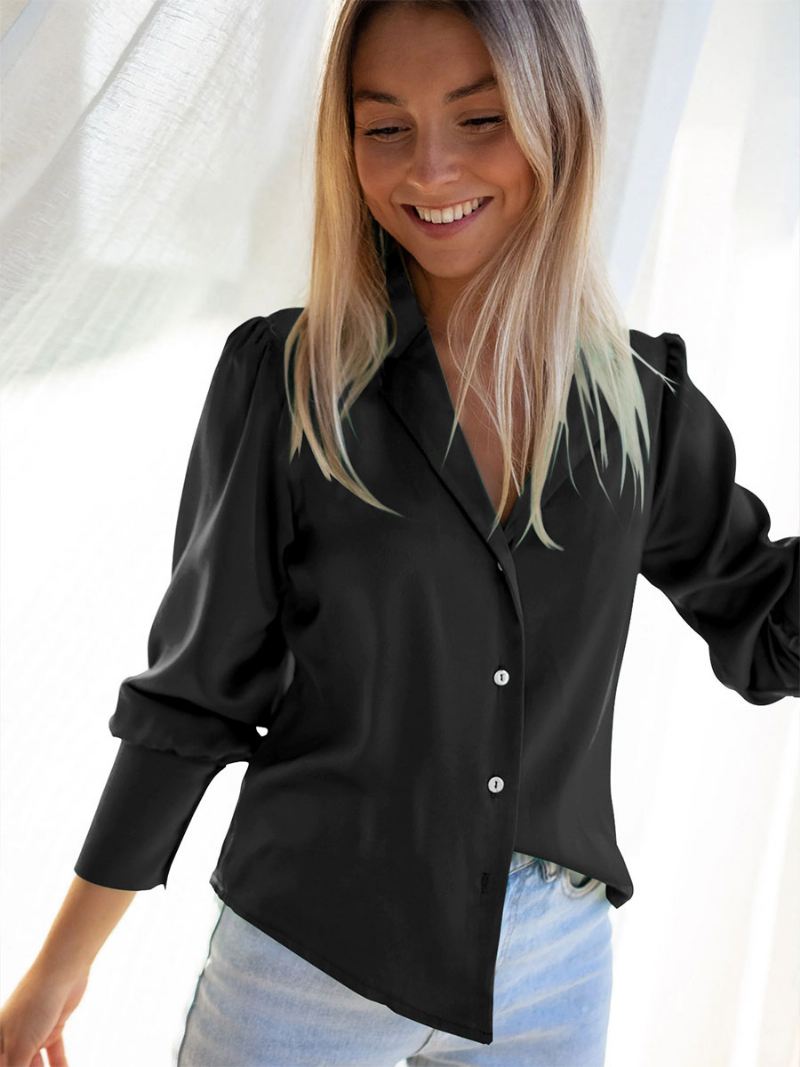 Blouse Dames Kraagknopen Lange Mouwen Chique Tops - Zwart