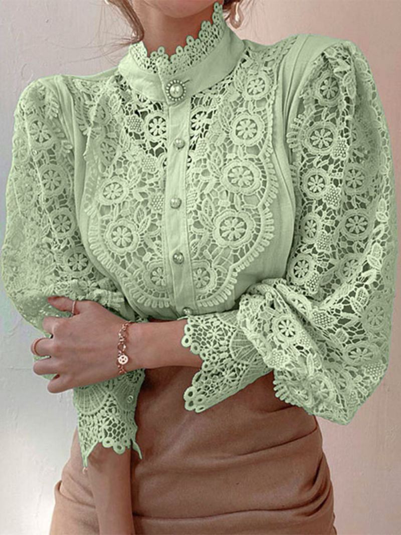 Blouse Dames Roze Kant Uitgesneden Hoge Kraag Casual Lange Mouwen Kanten Tops - Groen