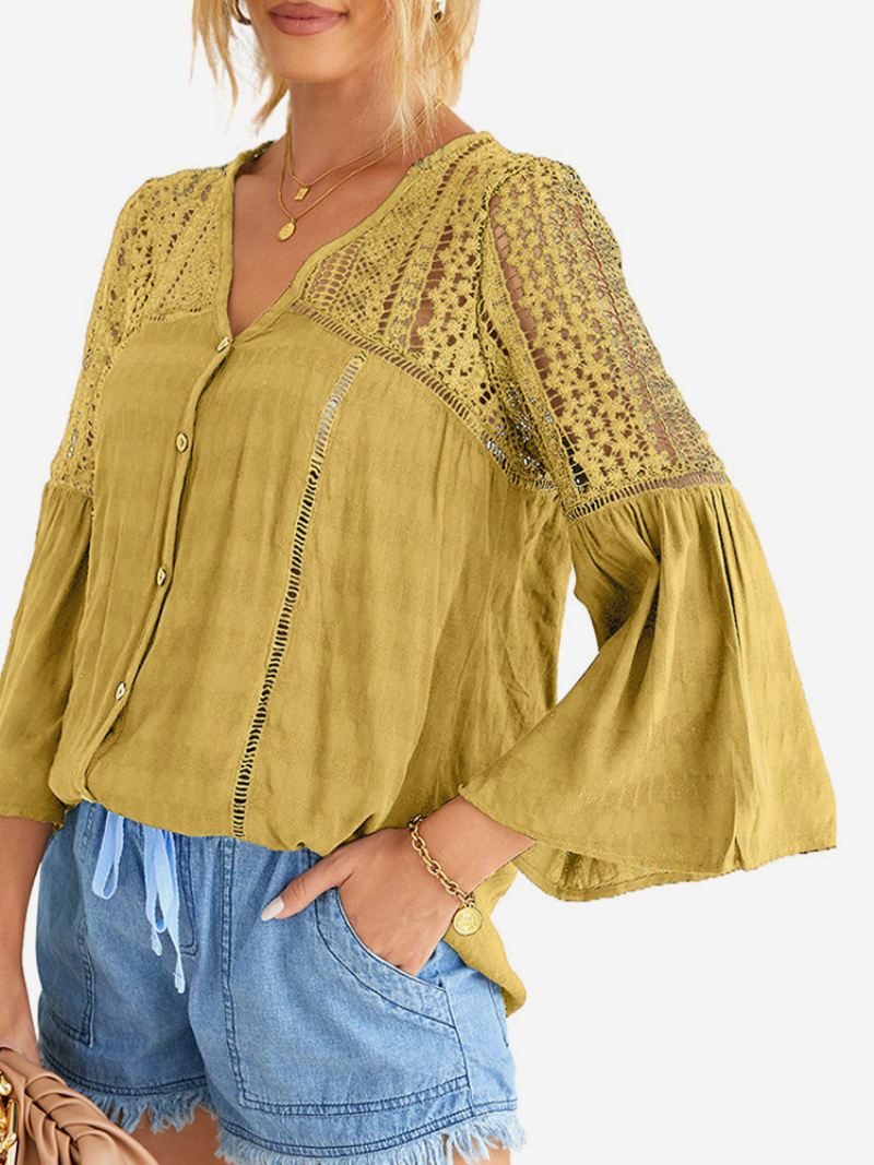 Blouse Dames Wit Polyester V-hals Elegante Gehaakte Tops Met Lange Mouwen - Geel