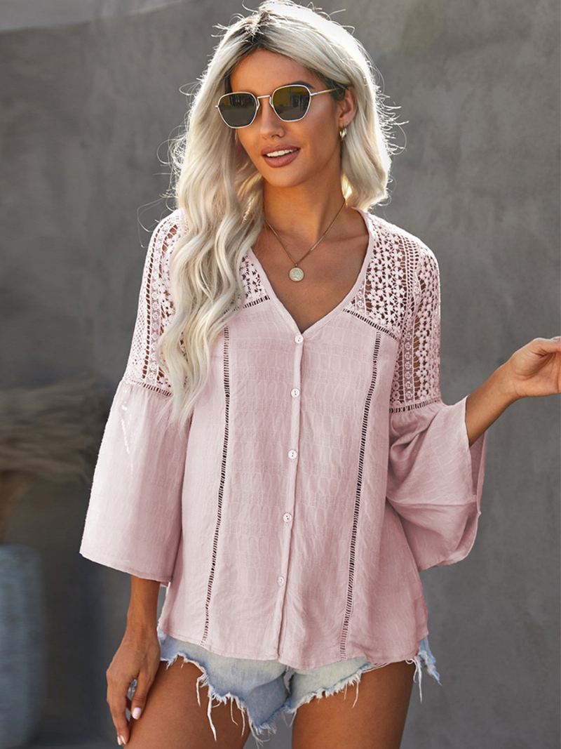 Blouse Dames Wit Polyester V-hals Elegante Gehaakte Tops Met Lange Mouwen - Roze