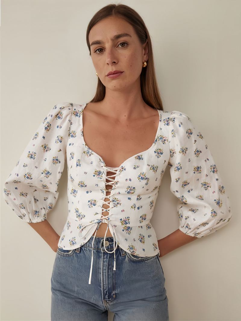 Blouse Dames Wit Polyester Verfraaide Kraag Sexy Bloemenprint Vetersluiting 3/4 Mouwen Tops