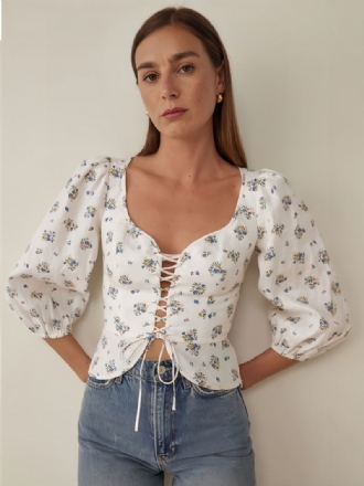 Blouse Dames Wit Polyester Verfraaide Kraag Sexy Bloemenprint Vetersluiting 3/4 Mouwen Tops