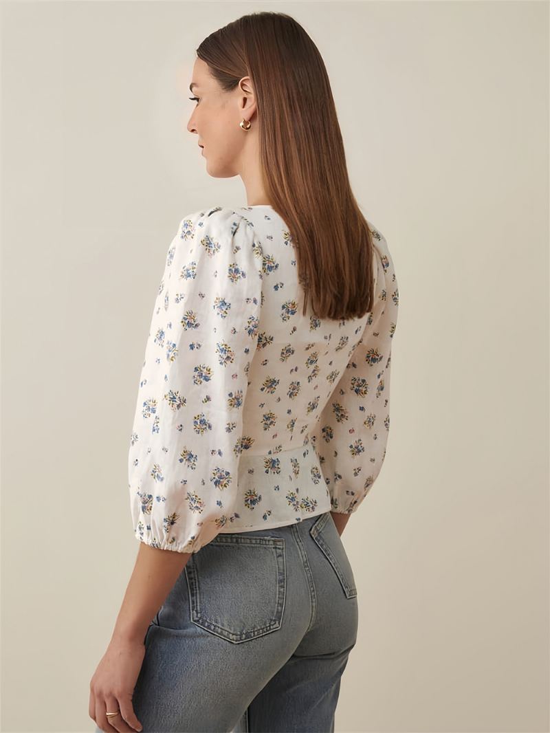 Blouse Dames Wit Polyester Verfraaide Kraag Sexy Bloemenprint Vetersluiting 3/4 Mouwen Tops - Wit