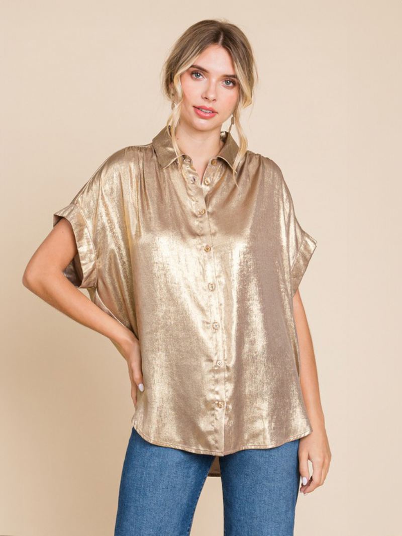 Blouse Dames Witte Oversized Geplooide Kraag Casual Korte Mouwen Polyester Tops - Goud