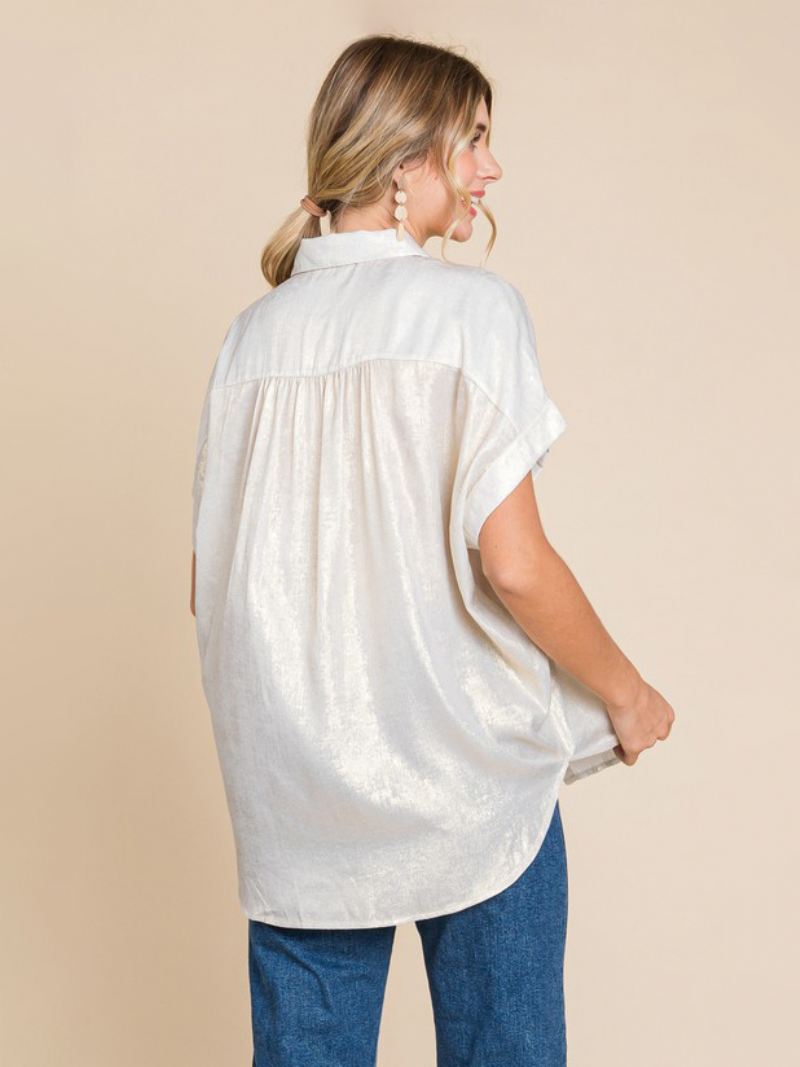 Blouse Dames Witte Oversized Geplooide Kraag Casual Korte Mouwen Polyester Tops - Wit