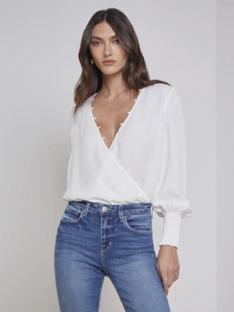 Blouse Dames Witte Oversized Geplooide Verfraaide Kraag Chique Polyester Tops Met Lange Mouwen