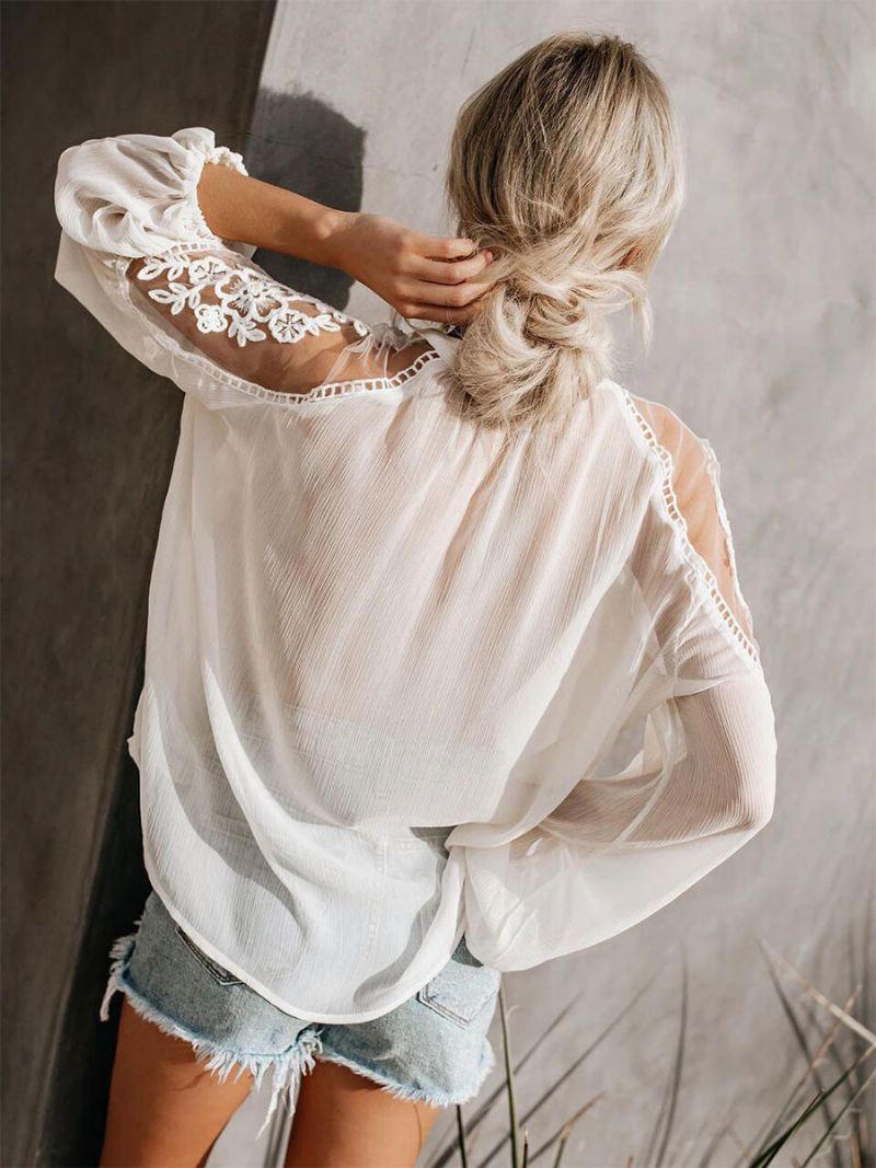 Blouse Dames Witte Pure Bloemen Geborduurde Boheemse Tops Met Lange Mouwen - Wit