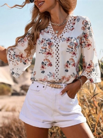 Blouse Dames Witte V-hals Casual Bloemenprint Uitgesneden Tops Met Halve Mouwen