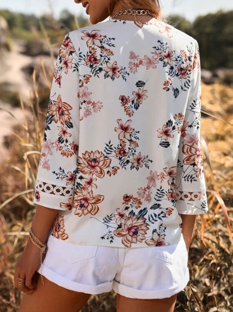 Blouse Dames Witte V-hals Casual Bloemenprint Uitgesneden Tops Met Halve Mouwen - Wit