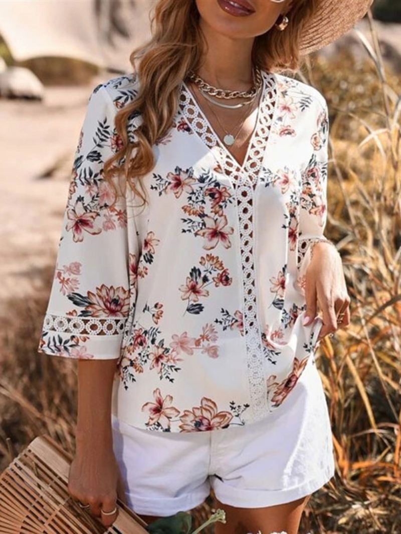 Blouse Dames Witte V-hals Casual Bloemenprint Uitgesneden Tops Met Halve Mouwen - Wit