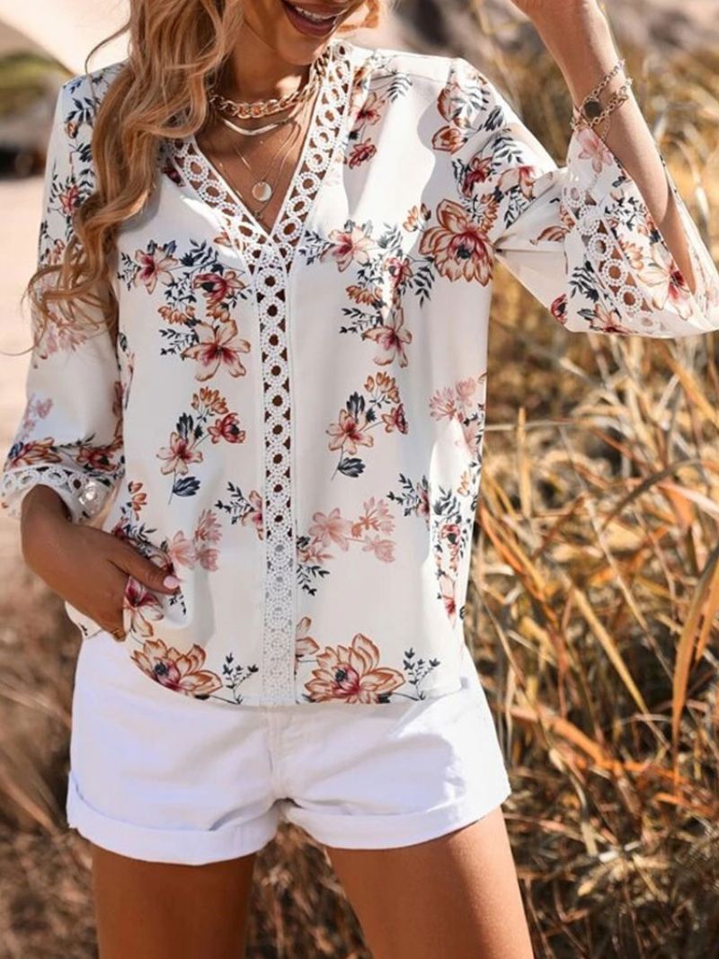 Blouse Dames Witte V-hals Casual Bloemenprint Uitgesneden Tops Met Halve Mouwen - Wit