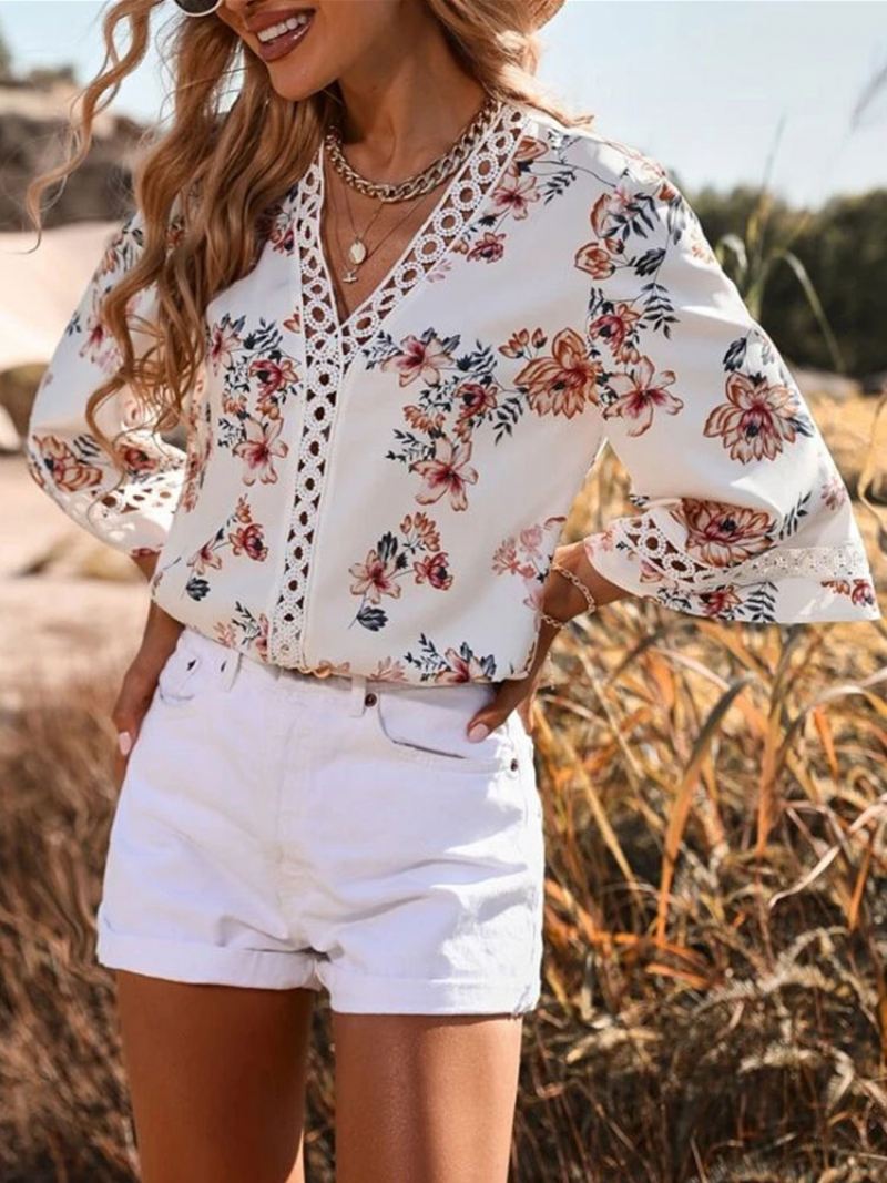 Blouse Dames Witte V-hals Casual Bloemenprint Uitgesneden Tops Met Halve Mouwen - Wit