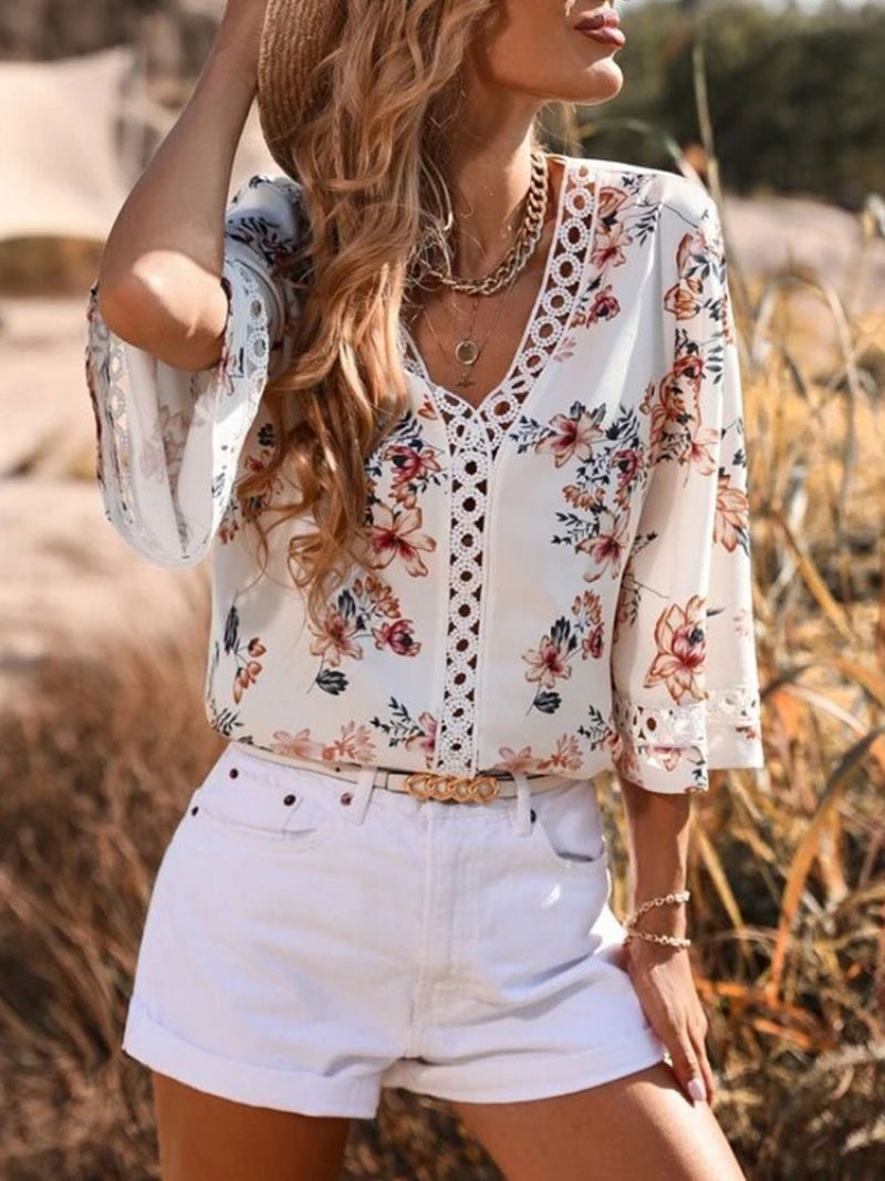 Blouse Dames Witte V-hals Casual Bloemenprint Uitgesneden Tops Met Halve Mouwen - Wit