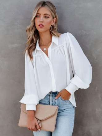 Blouse Dames Witte V-hals Casual Tops Met Lange Mouwen