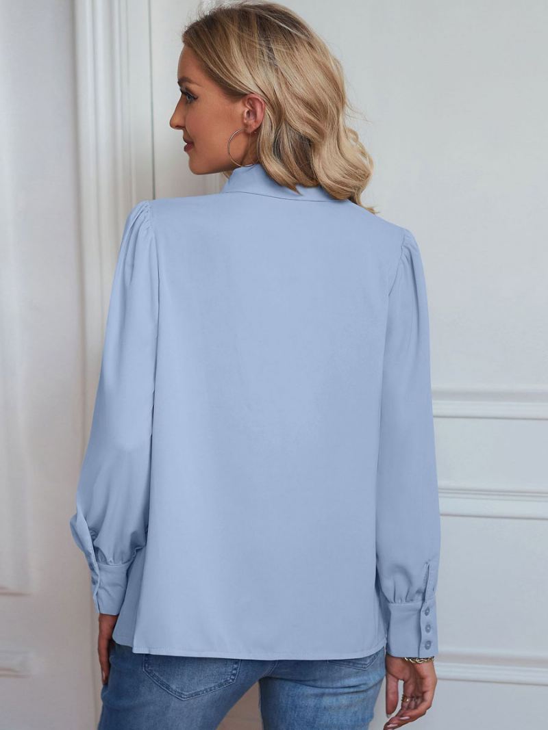 Blouse Dames Witte V-hals Casual Tops Met Lange Mouwen - Licht Hemelsblauw