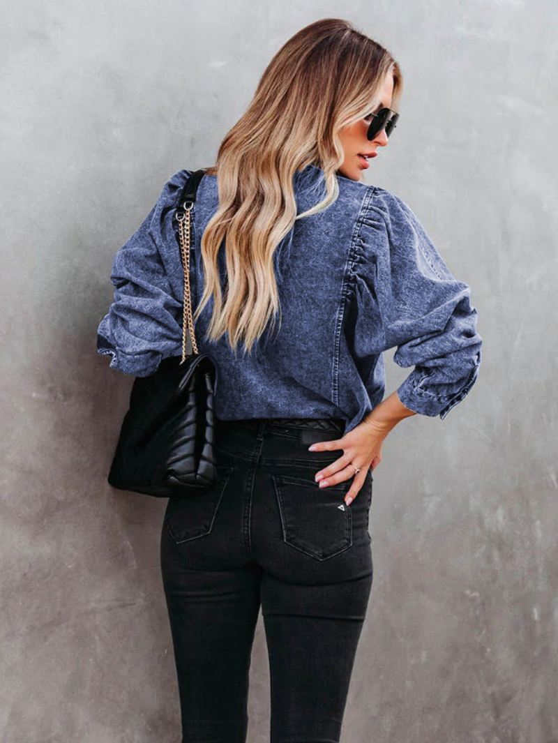 Blouse Dames Zwart Denim Kraag Casual Lange Mouwen Tops - Blauw