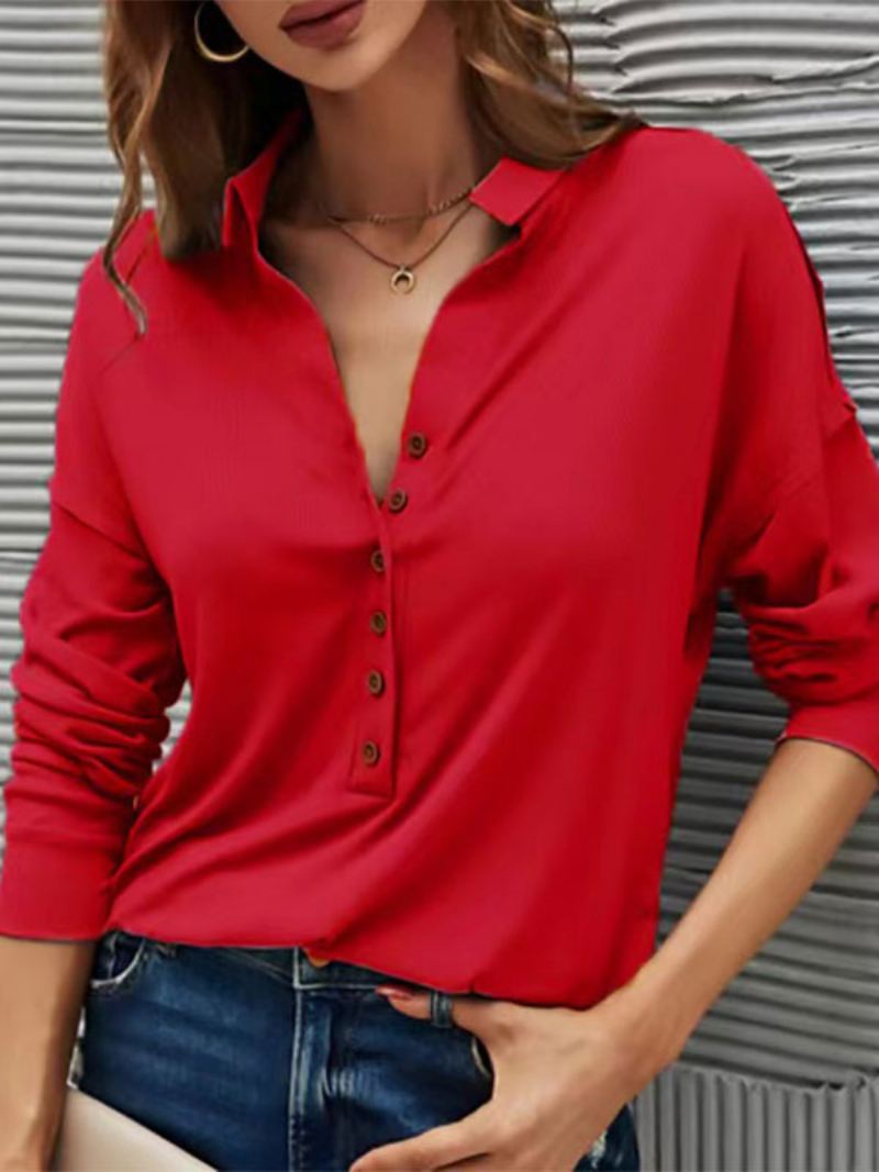 Blouse Dames Zwarte Kraag Casual Knopen Lange Mouwen Tops - Rood