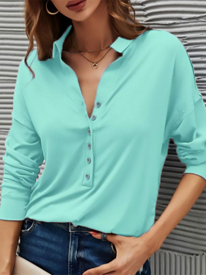 Blouse Dames Zwarte Kraag Casual Knopen Lange Mouwen Tops - Licht Hemelsblauw