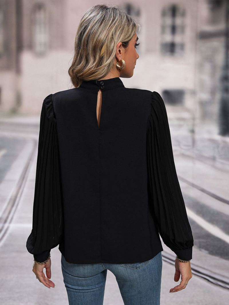 Blouse Zwart Ronde Hals Elegante Lange Mouwen Tops Dames - Zwart