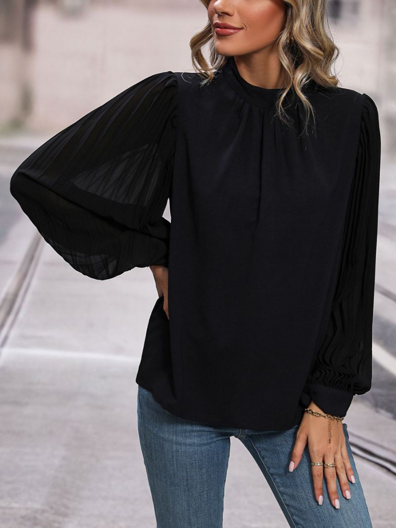 Blouse Zwart Ronde Hals Elegante Lange Mouwen Tops Dames - Zwart