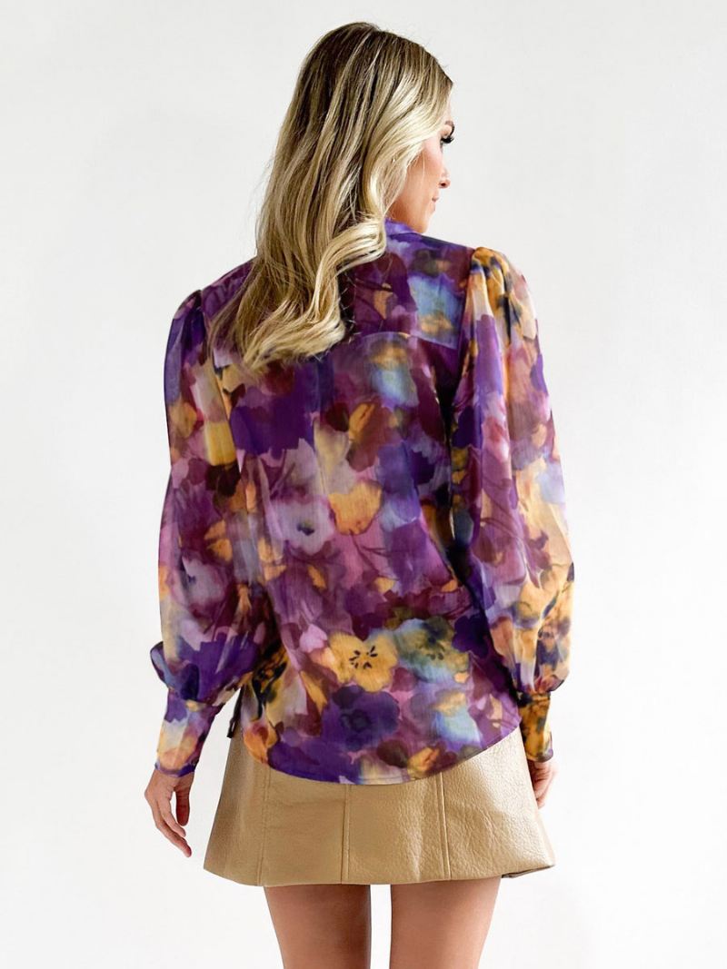 Dames Bloemenshirt Met Paarse Kraag Casual Tops Lange Mouwen - Paars