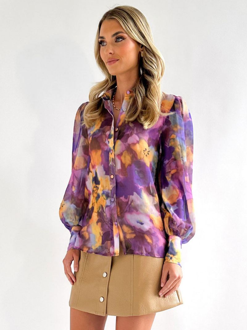 Dames Bloemenshirt Met Paarse Kraag Casual Tops Lange Mouwen - Paars