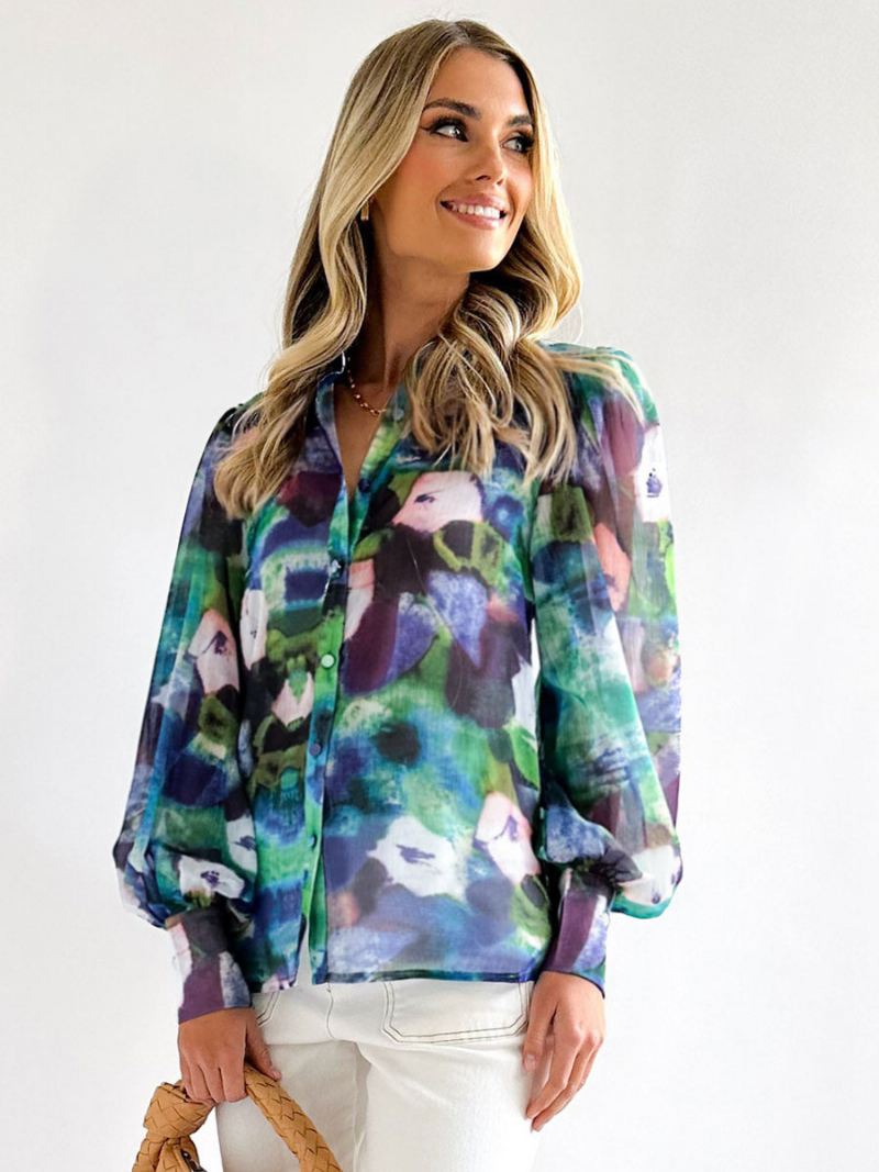 Dames Bloemenshirt Met Paarse Kraag Casual Tops Lange Mouwen - Groen