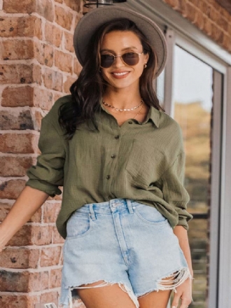 Dames Olijfkleurige Blouse Met Knopen Lange Mouwen Oversized Busniess Casual Blouses