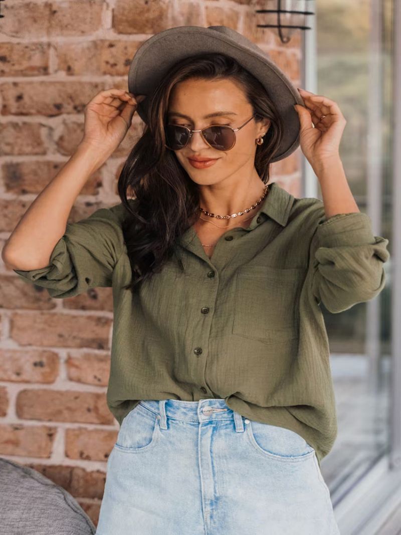 Dames Olijfkleurige Blouse Met Knopen Lange Mouwen Oversized Busniess Casual Blouses - Olijf