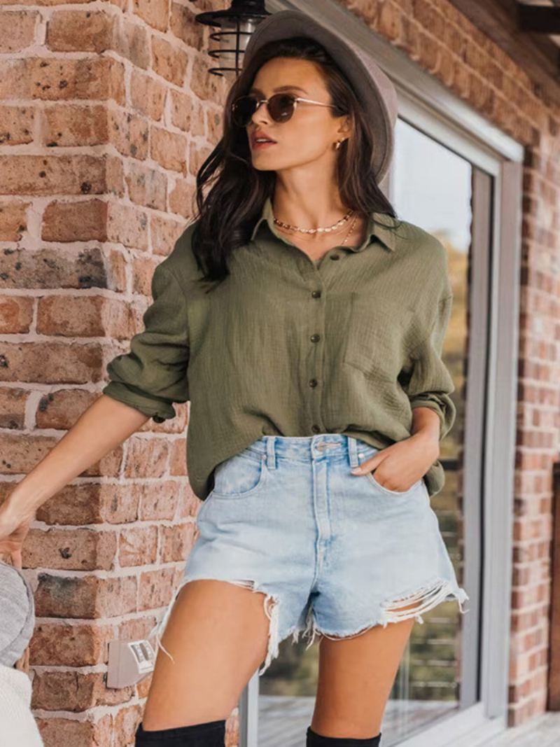 Dames Olijfkleurige Blouse Met Knopen Lange Mouwen Oversized Busniess Casual Blouses - Olijf