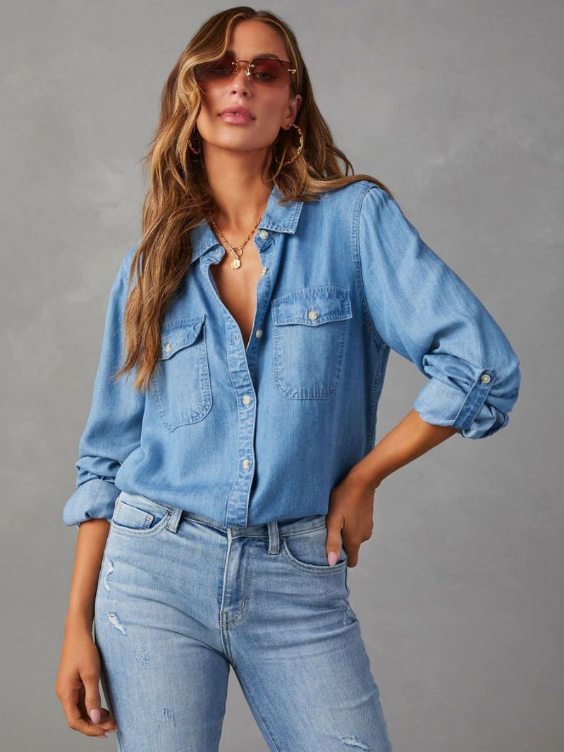 Denim Blouse Dames Kraag Klepzakken Dagelijkse Tops