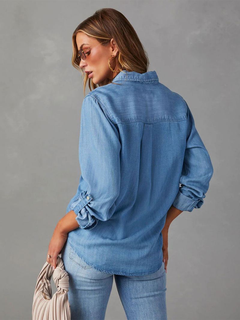 Denim Blouse Dames Kraag Klepzakken Dagelijkse Tops - Blauw