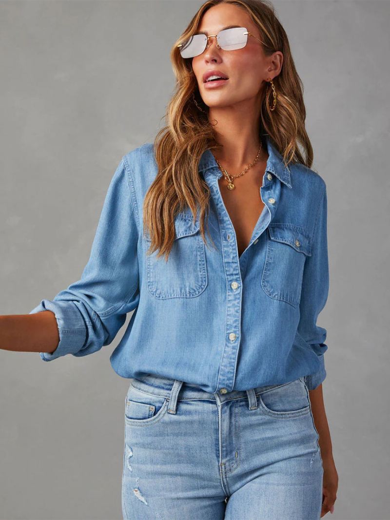 Denim Blouse Dames Kraag Klepzakken Dagelijkse Tops - Blauw