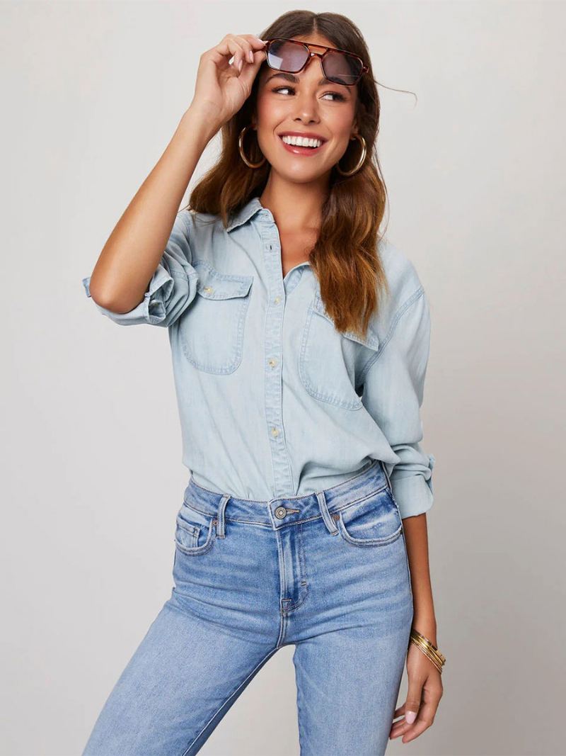 Denim Blouse Dames Kraag Klepzakken Dagelijkse Tops - Licht Hemelsblauw