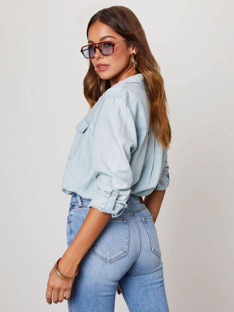 Denim Blouse Dames Kraag Klepzakken Dagelijkse Tops - Licht Hemelsblauw