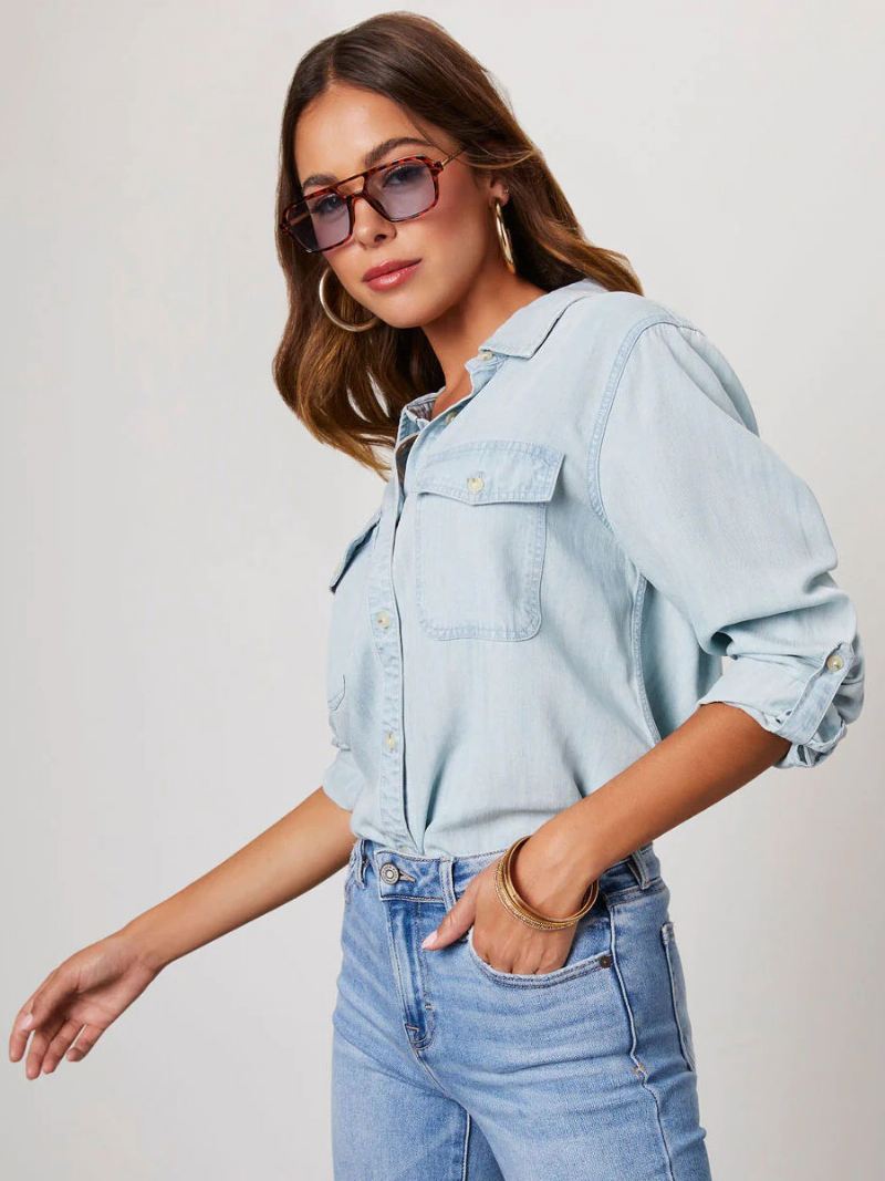 Denim Blouse Dames Kraag Klepzakken Dagelijkse Tops - Licht Hemelsblauw