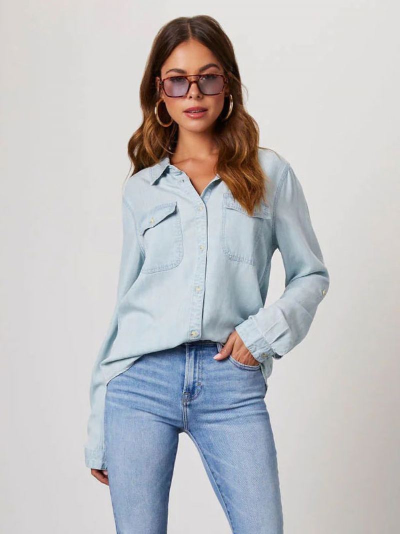 Denim Blouse Dames Kraag Klepzakken Dagelijkse Tops - Licht Hemelsblauw