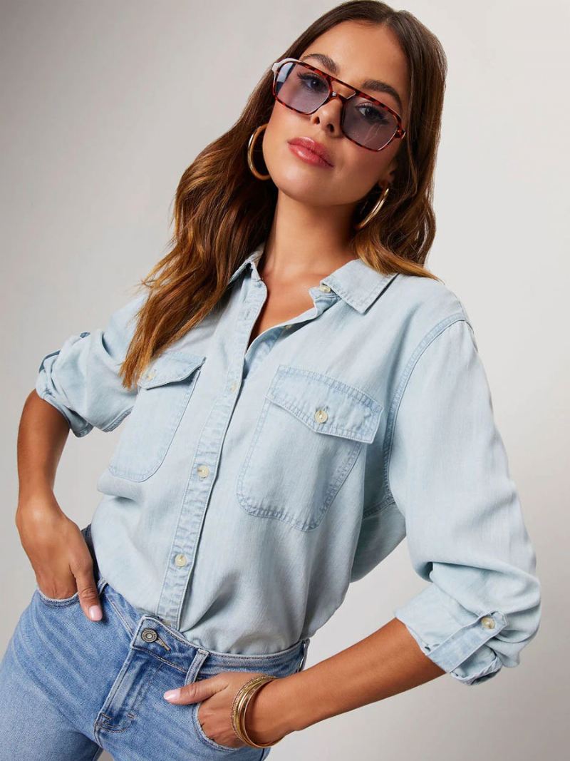 Denim Blouse Dames Kraag Klepzakken Dagelijkse Tops - Licht Hemelsblauw