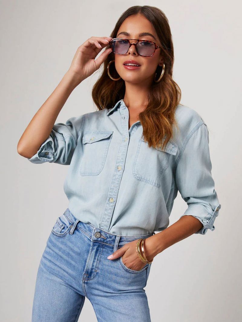 Denim Blouse Dames Kraag Klepzakken Dagelijkse Tops - Licht Hemelsblauw