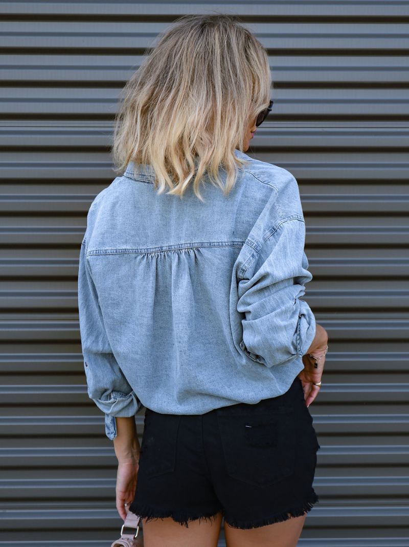 Denim Blouse Dames Verlaagde Schouder Lange Mouwen Knopen Vetertopjes - Licht Hemelsblauw