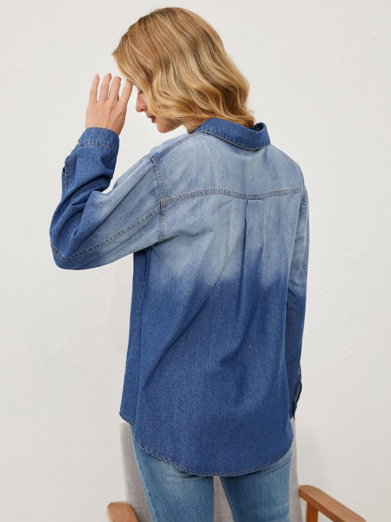 Denim Blouse Met Gradiënt Lange Mouwen Knopen Busniess Casual Damestop - Blauw