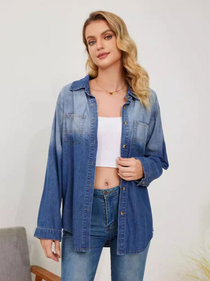 Denim Blouse Met Gradiënt Lange Mouwen Knopen Busniess Casual Damestop - Blauw