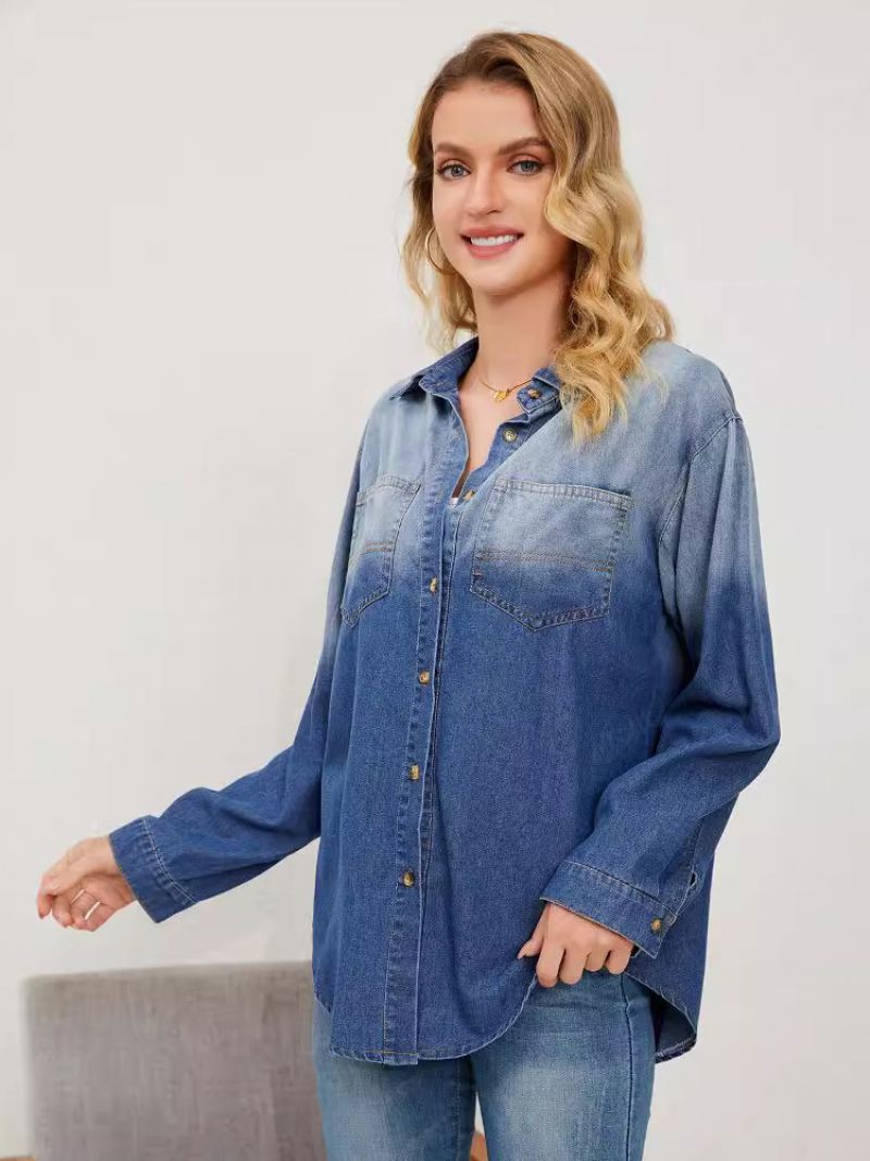 Denim Blouse Met Gradiënt Lange Mouwen Knopen Busniess Casual Damestop - Blauw