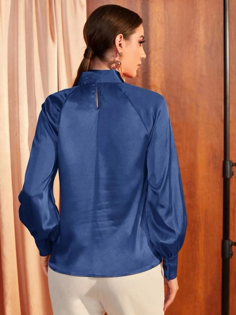 Effen Kleur Vlekblouse Strikhals Lantaarnmouwen Damestop Herfst Lente - Blauw