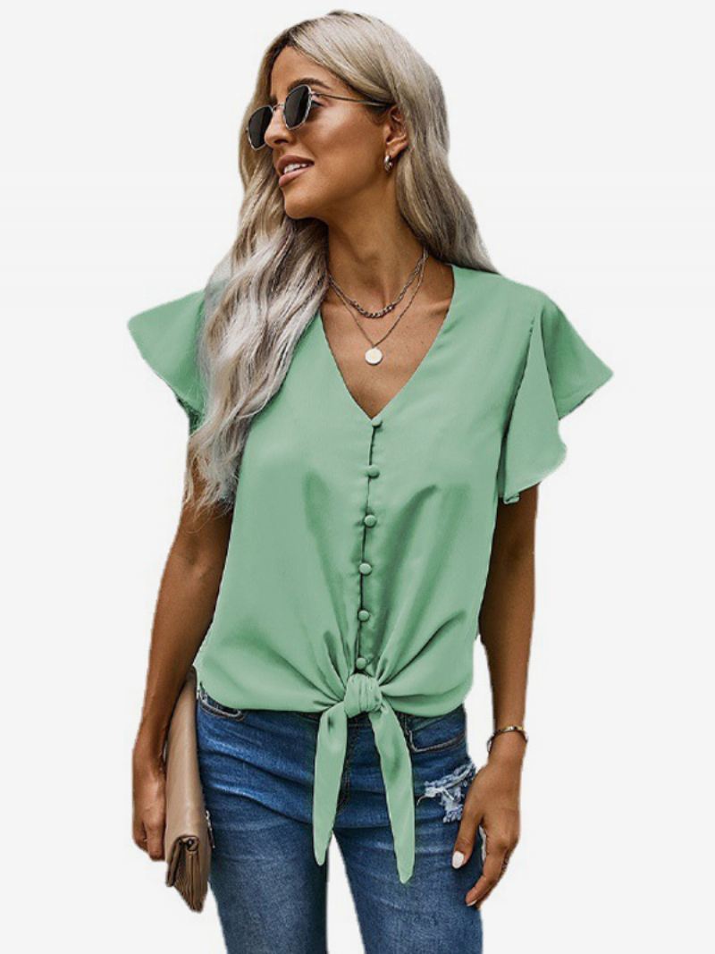 Licht Hemelsblauwe Zomertop Dames V-hals Knopen Fladdermouwen Tops - Groen