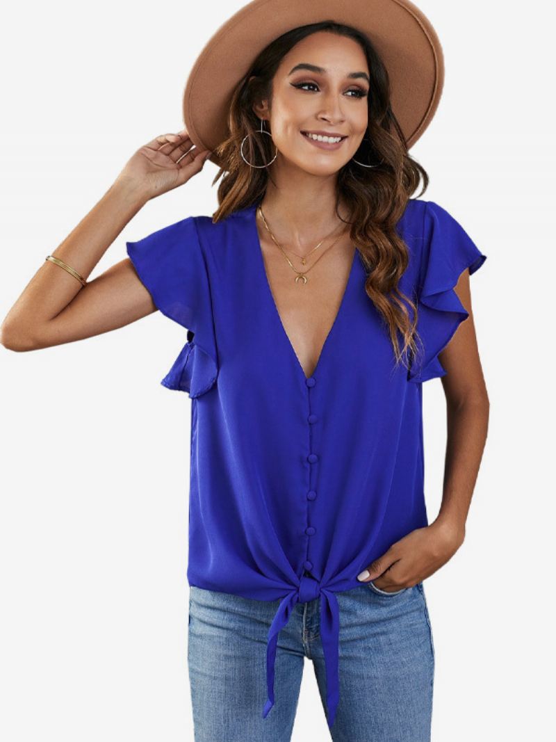 Licht Hemelsblauwe Zomertop Dames V-hals Knopen Fladdermouwen Tops - Blauw