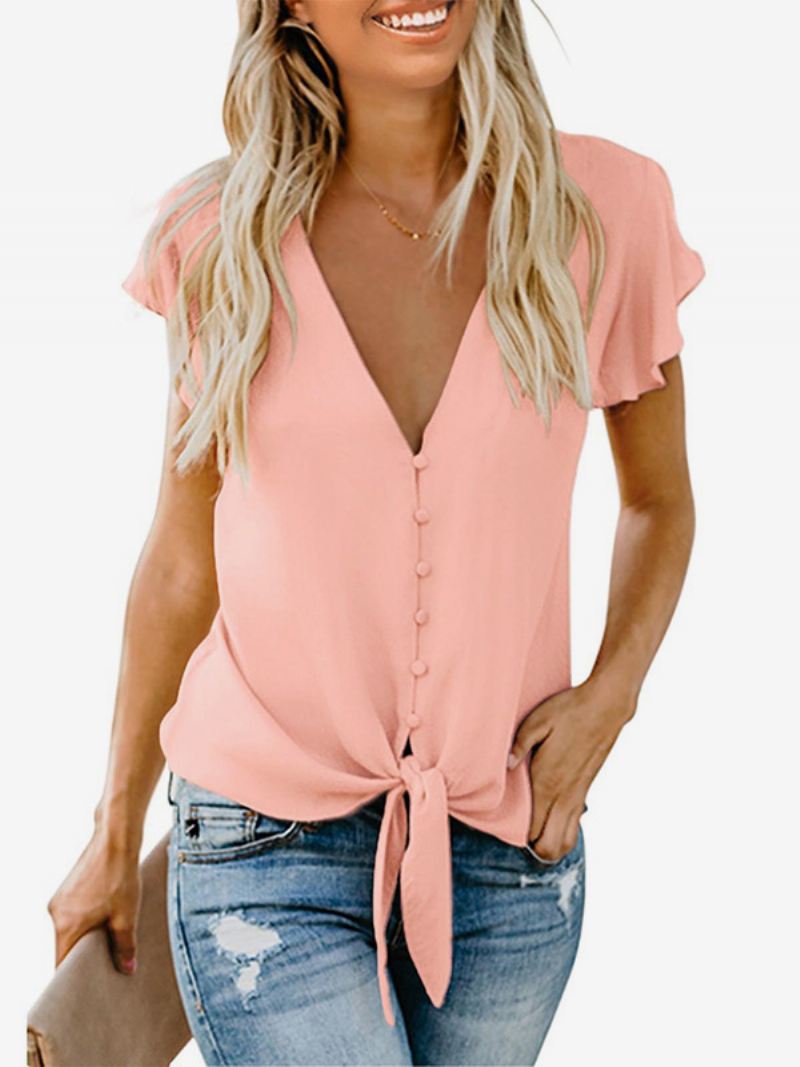 Licht Hemelsblauwe Zomertop Dames V-hals Knopen Fladdermouwen Tops - Roze