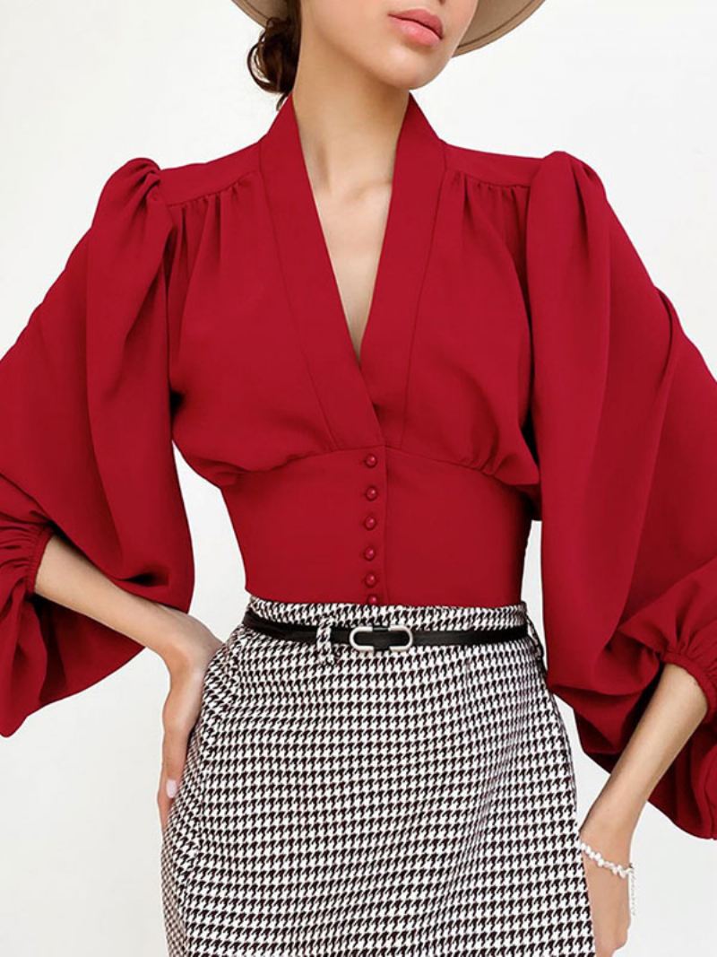 Sexy Top Dames V-hals Met Lange Mouwen Zomertopjes - Rood